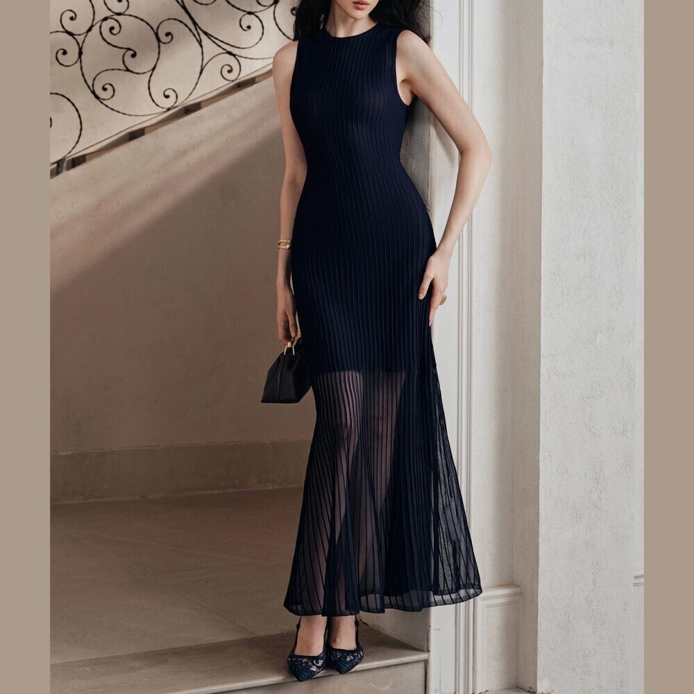 Navy Ribbed Knit Sheer Mesh Hem Sleeveless Mermaid Maxi Dress
